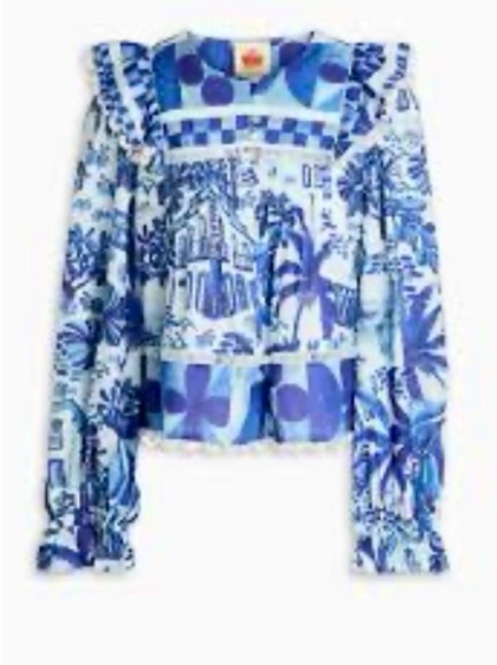 FARM Rio Sweet Rio Mix Print Set Blouse Skirt Tropical Ruffle Lace Blue White M - Picture 2 of 16